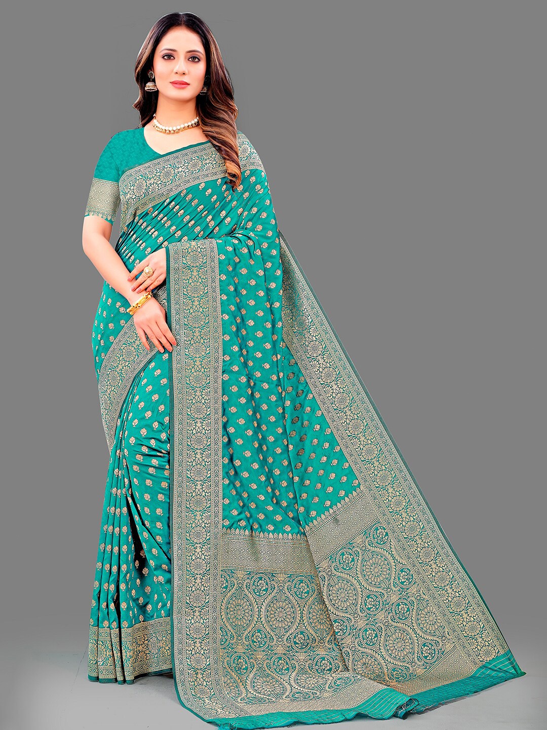 

Mitera Green & Gold toned Ethnic Motifs Zari Banarasi Saree