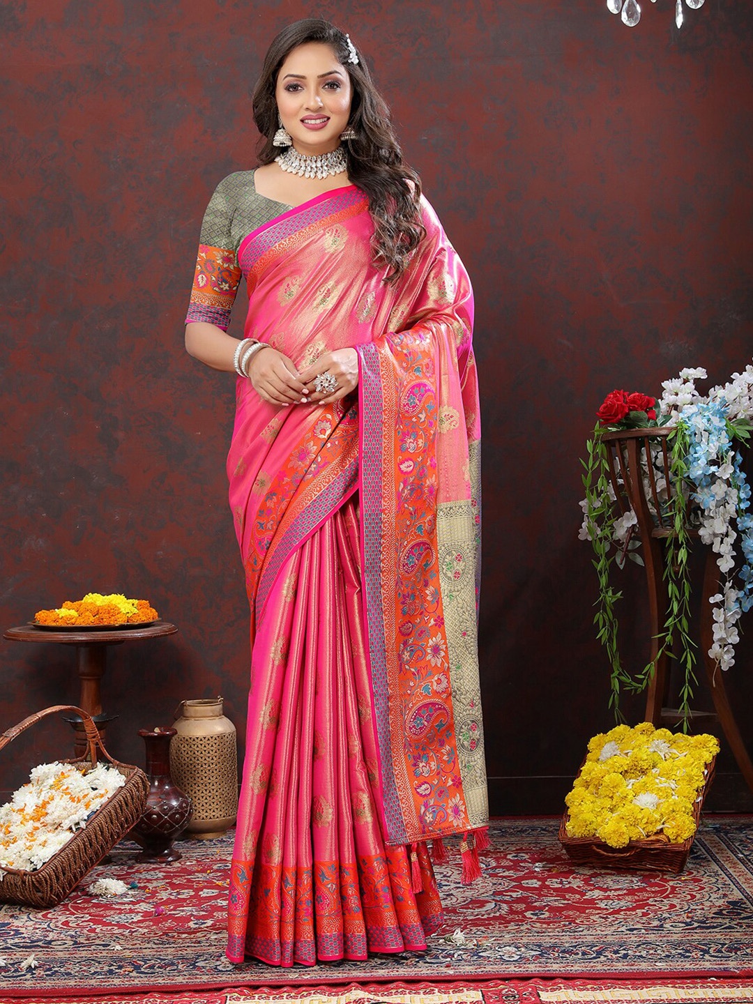 

Mitera Ethnic Motifs Zari Woven Design Kanjeevaram Saree with Tassels, Pink