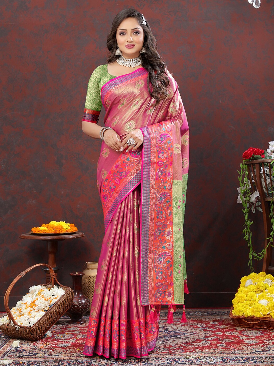 

Mitera Ethnic Motifs Zari Kanjeevaram Saree, Pink
