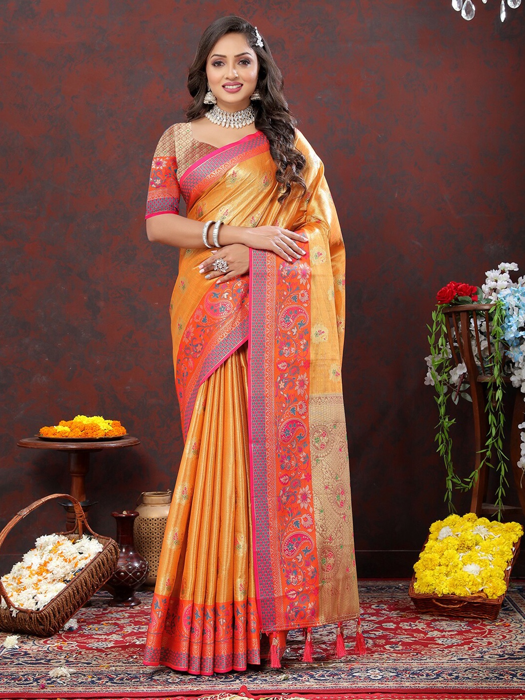 

Mitera Ethnic Motifs Zari Silk Blend Kanjeevaram Saree with Tassels, Yellow