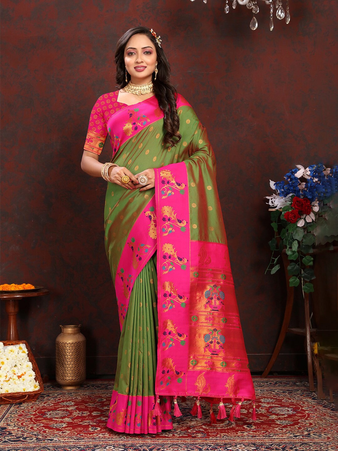 

Mitera Green & Pink Ethnic Motifs Woven Design Zari Paithani Saree