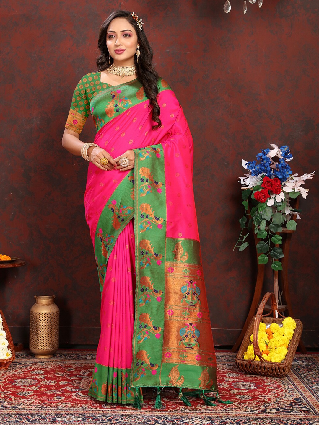 

Mitera Ethnic Motifs Zari Paithani Saree, Green