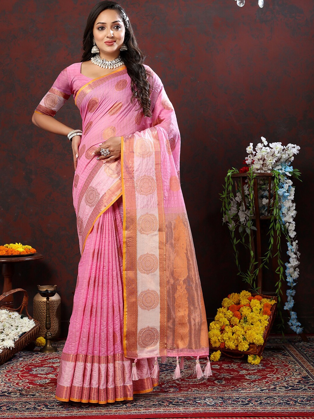 

Mitera Ethnic Motifs Zari Silk Cotton Banarasi Saree, Pink