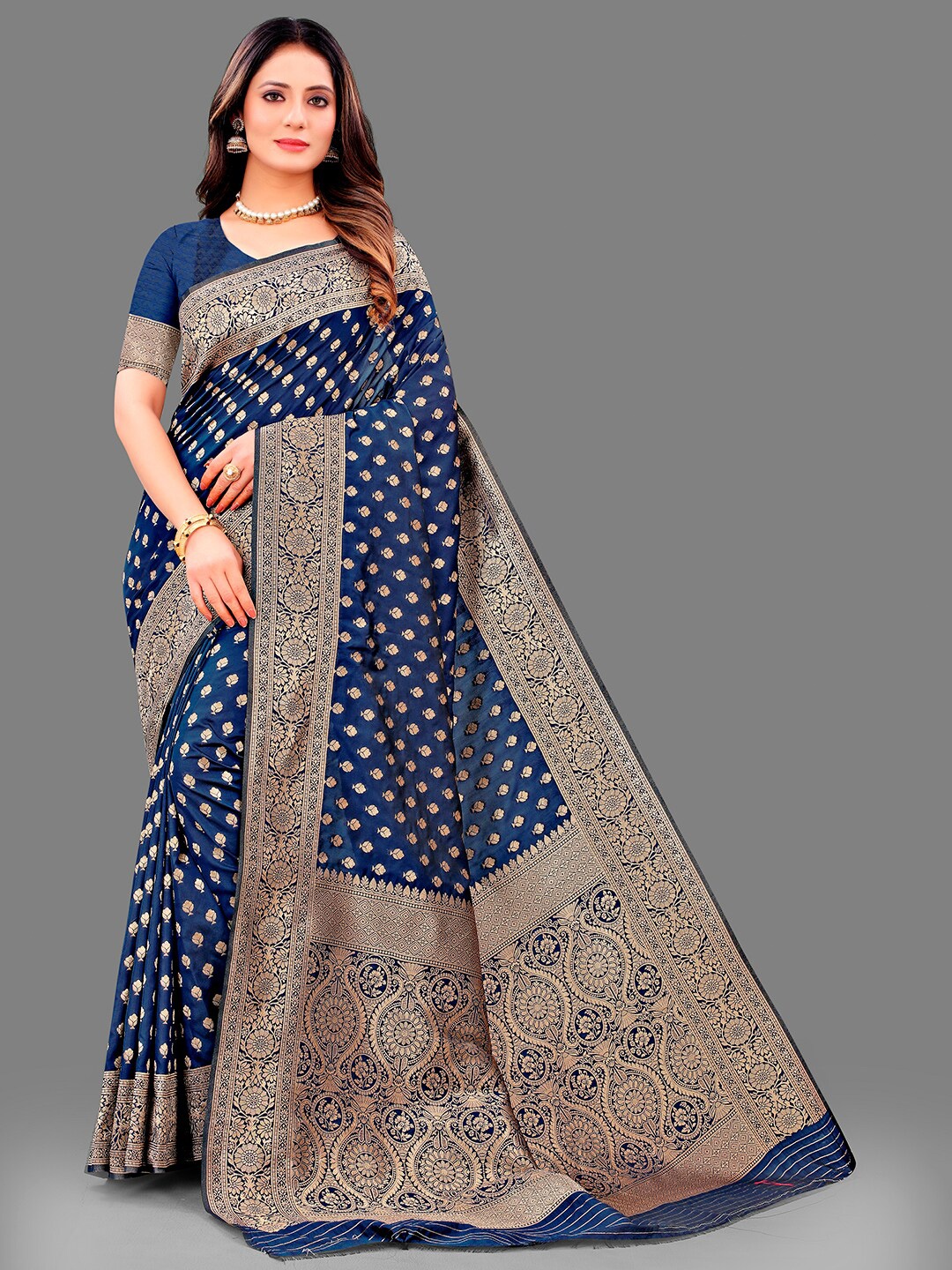 

Mitera Ethnic Motifs Zari Banarasi Saree, Navy blue