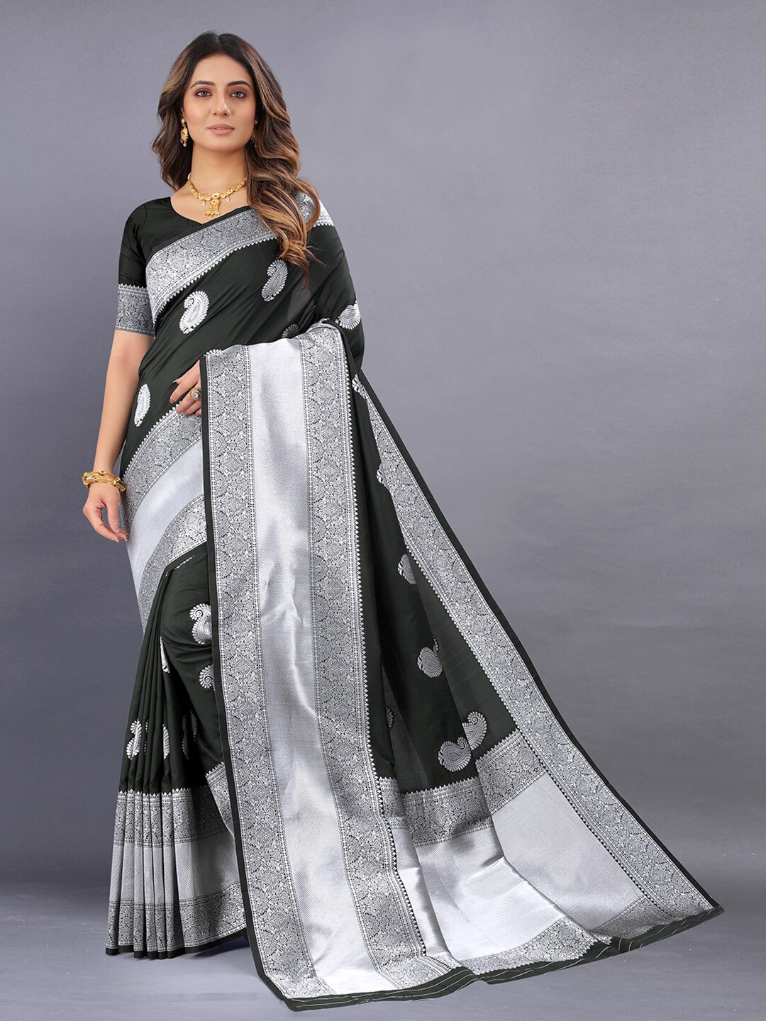 

Mitera Black & Silver toned Ethnic Motifs Woven Design Zari Kanjeevaram Saree