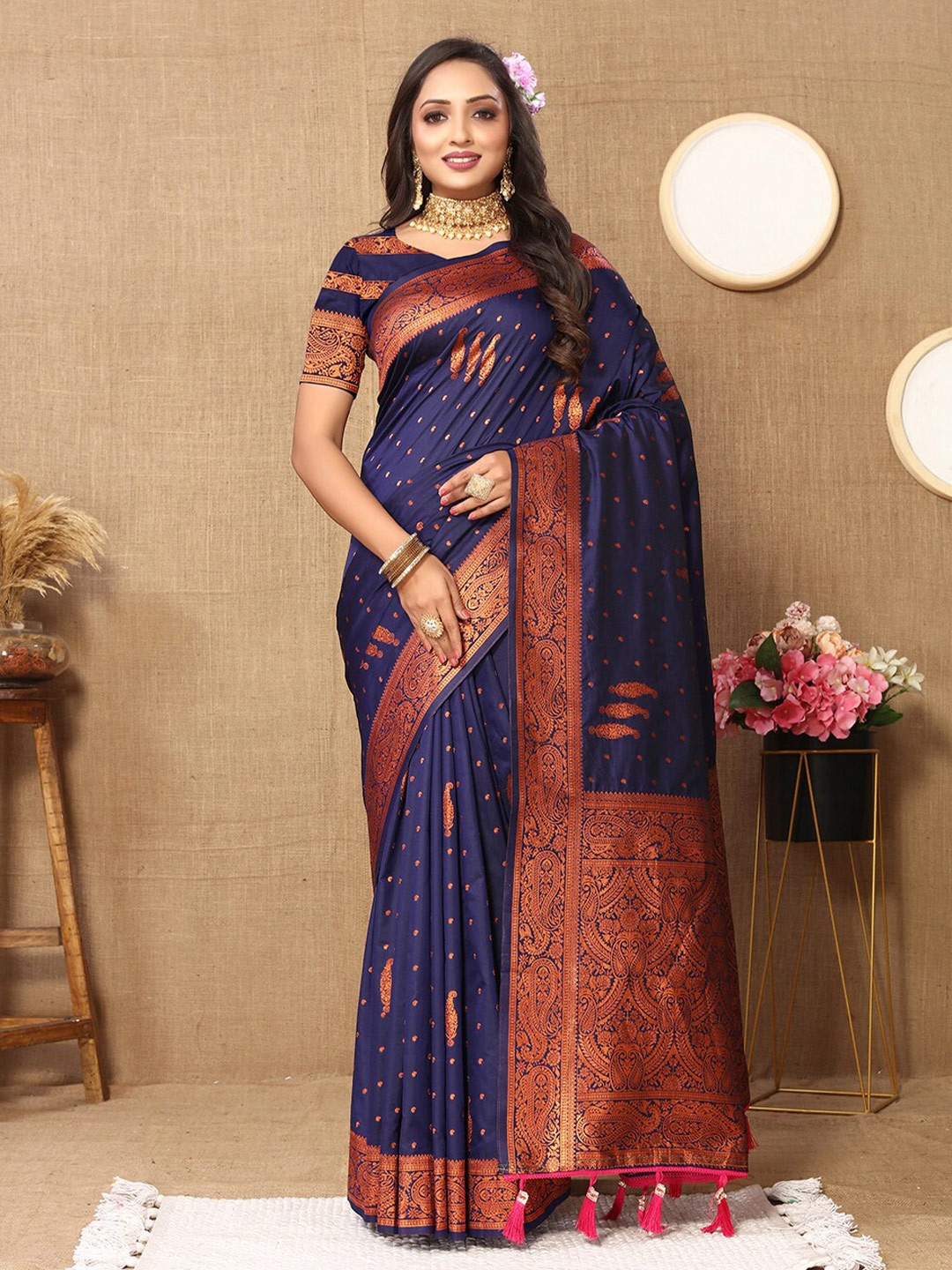 

Mitera Ethnic Motifs Zari Woven Design Banarasi Saree with Tassels, Navy blue