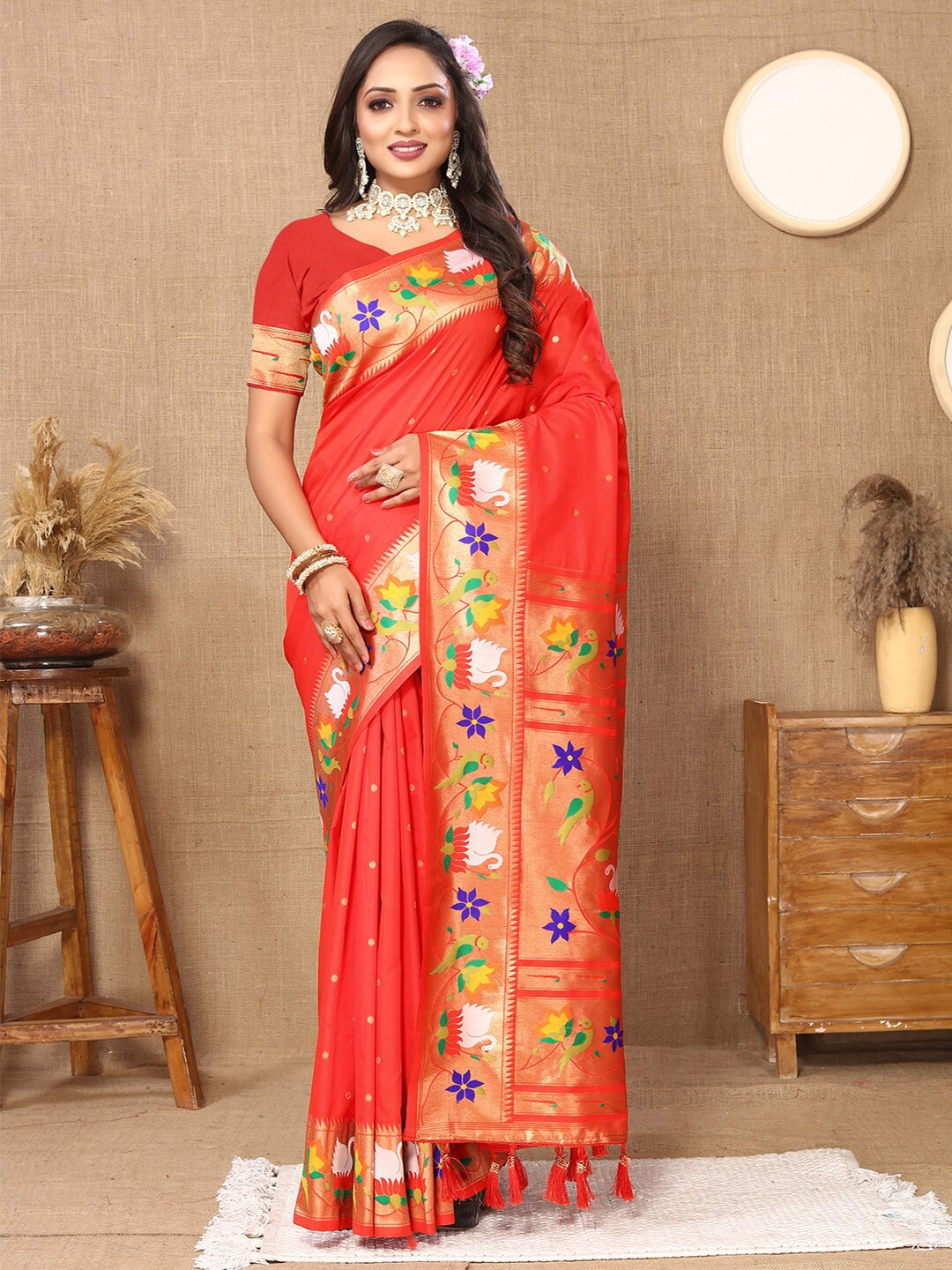 

Mitera Ethnic Motifs Zari Paithani Saree, Orange