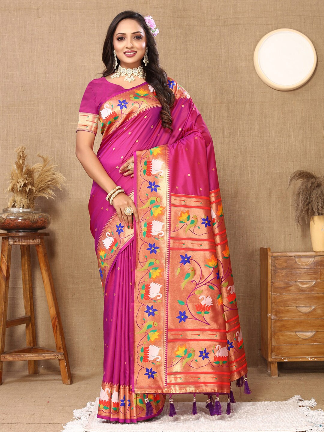 

Mitera Ethnic Motifs Zari Paithani Saree, Pink