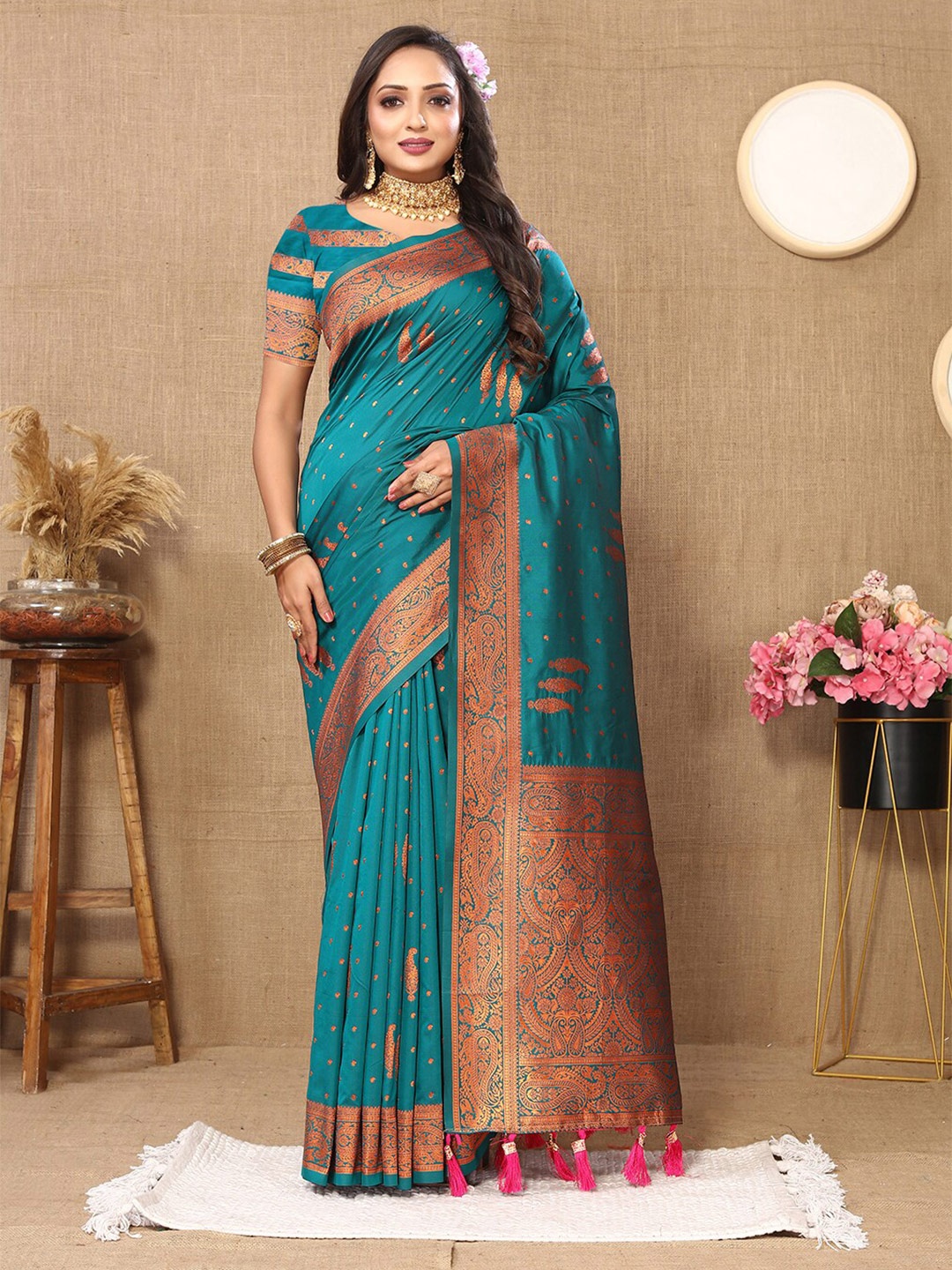 

Mitera Ethnic Motifs Zari Woven Design Banarasi Saree with Tassels, Blue