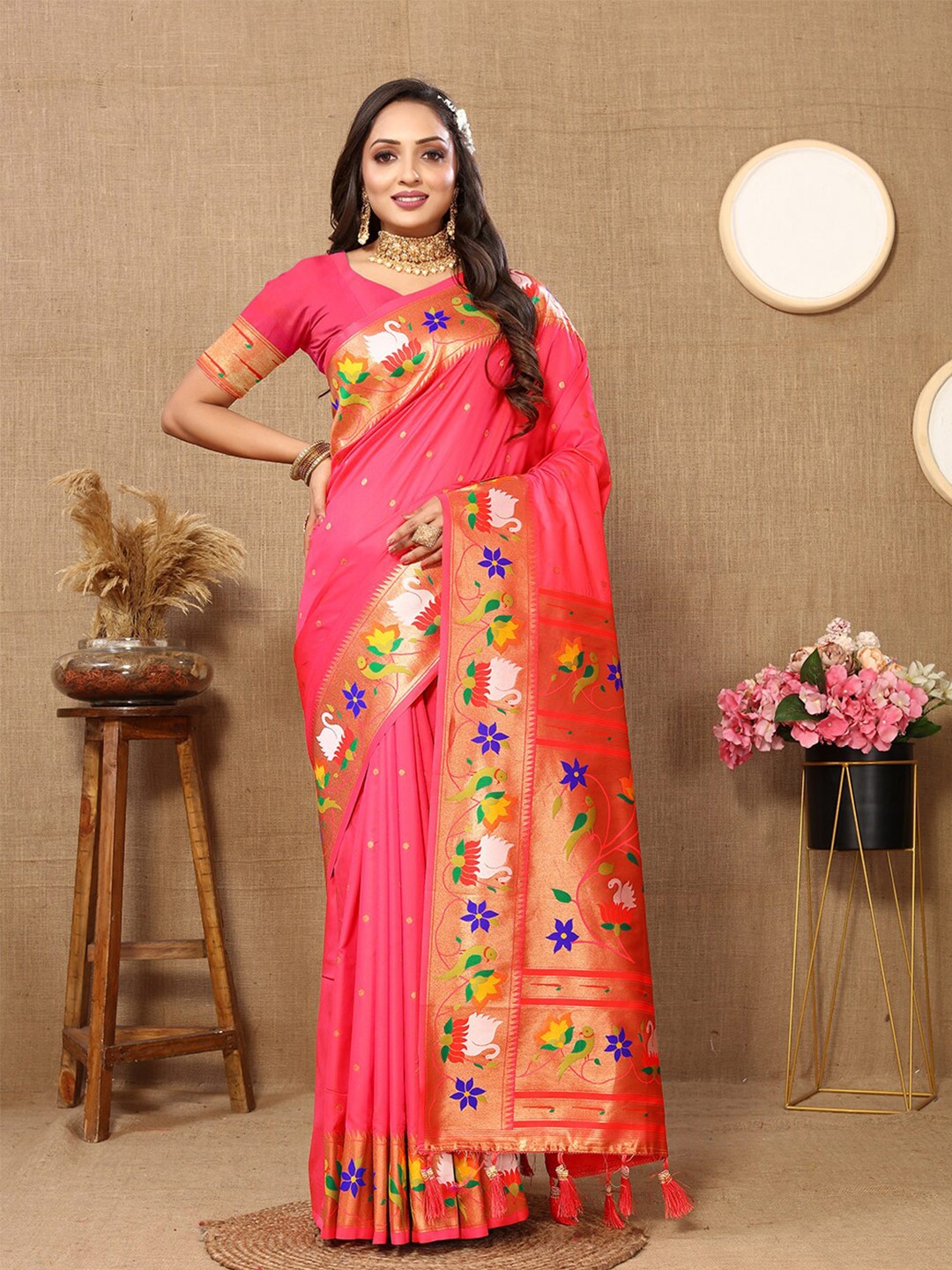 

Mitera Ethnic Motifs Zari Paithani Saree, Pink