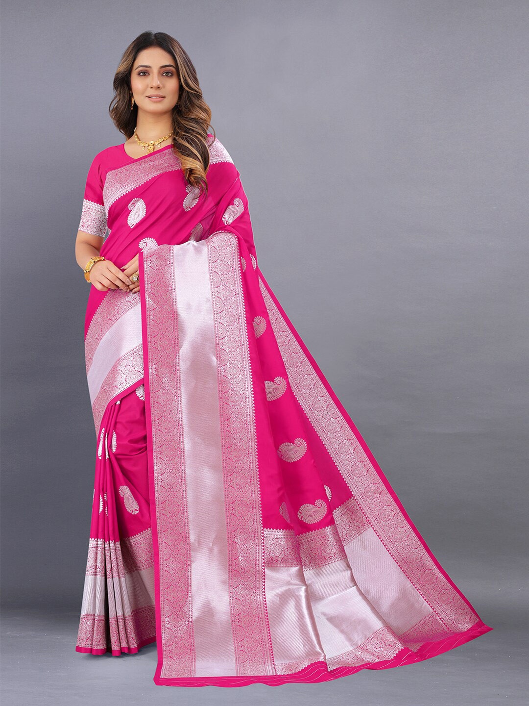 

Mitera Ethnic Motifs Zari Woven Design Kanjeevaram Saree, Pink