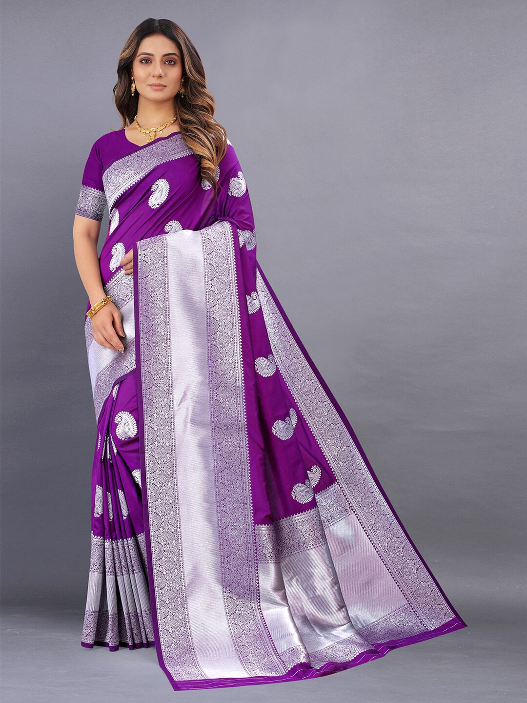 

Mitera Ethnic Motifs Zari Kanjeevaram Saree, Purple