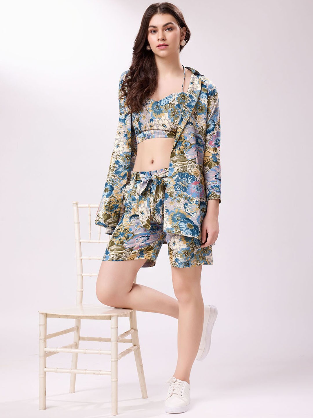 

SHUBHVASTRA Floral Printed Halter Neck Top With Shrug & Shorts, Blue