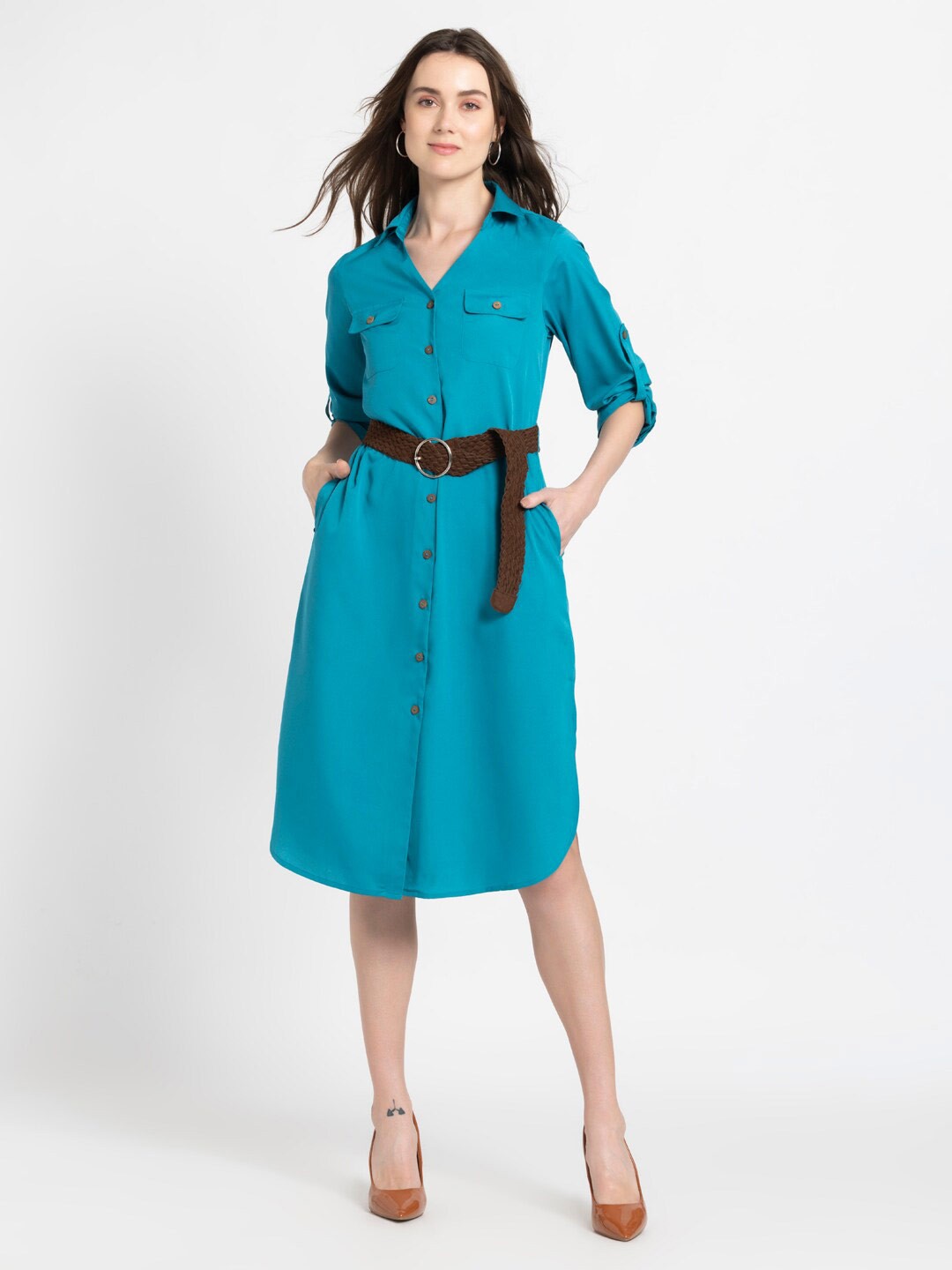 

SHAYE Women Shirt Collar Shirt Dress, Blue