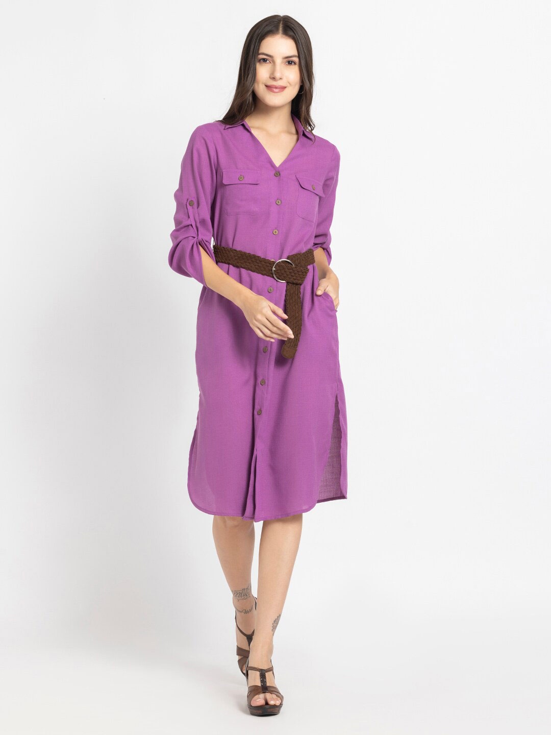 

SHAYE Shirt Collar Shirt Dress, Purple