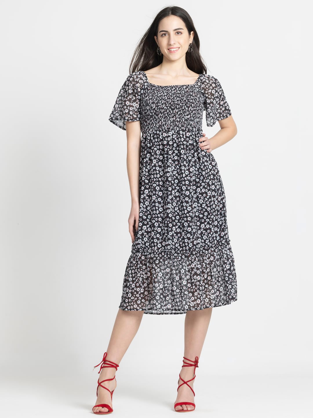 

SHAYE Women Floral Print Flared Sleeves Fit & Flare Midi Dress, Black
