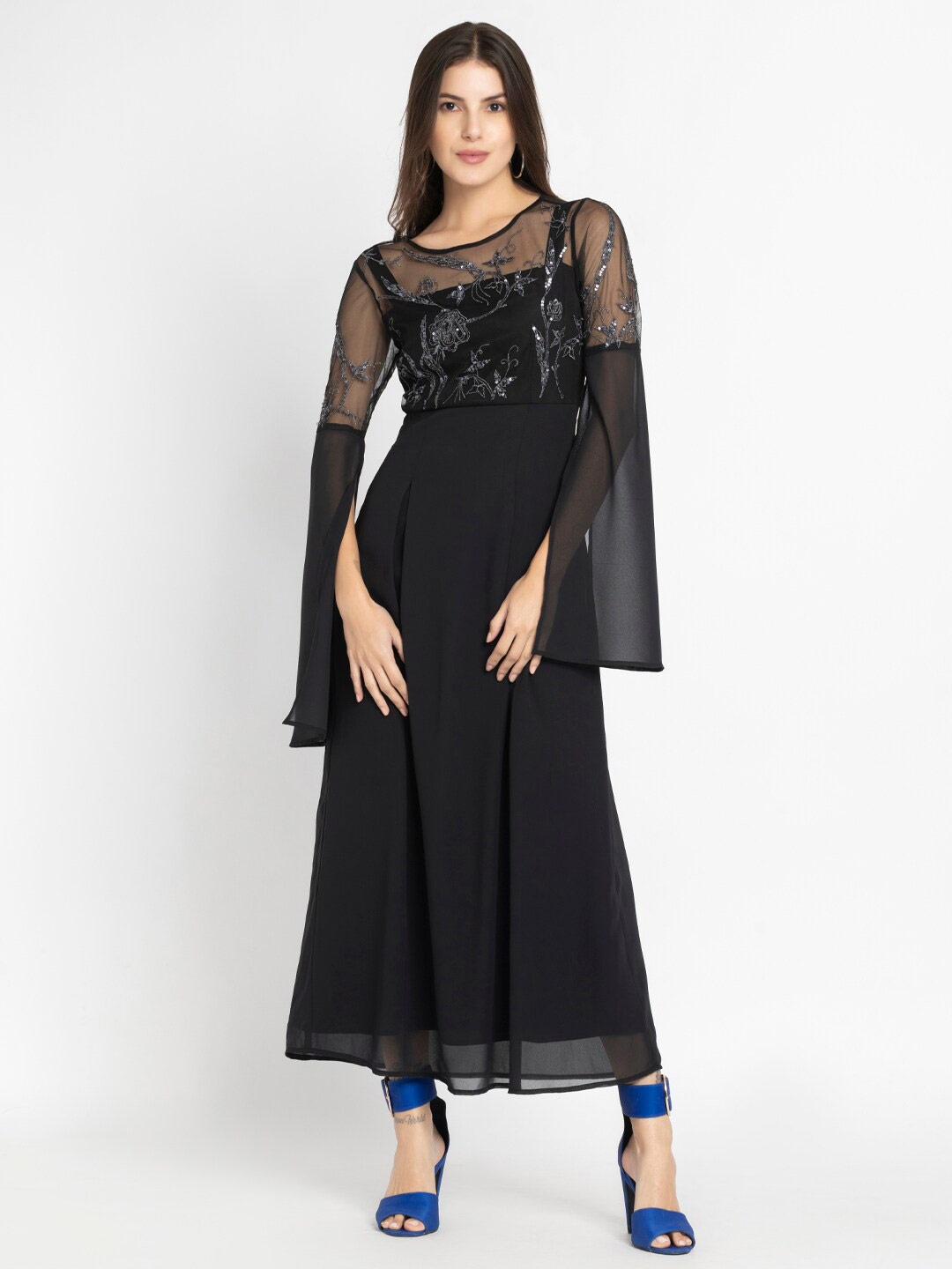 

SHAYE Women Embellished Slit Sleeve Net Maxi Dress, Black