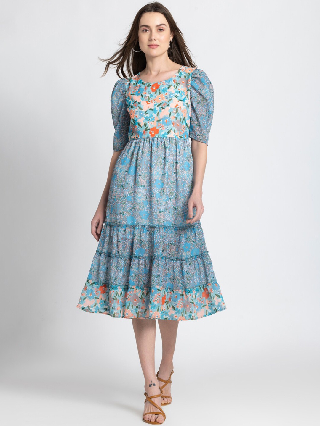 

SHAYE Floral Print Georgette Fit & Flare Midi Dress, Blue