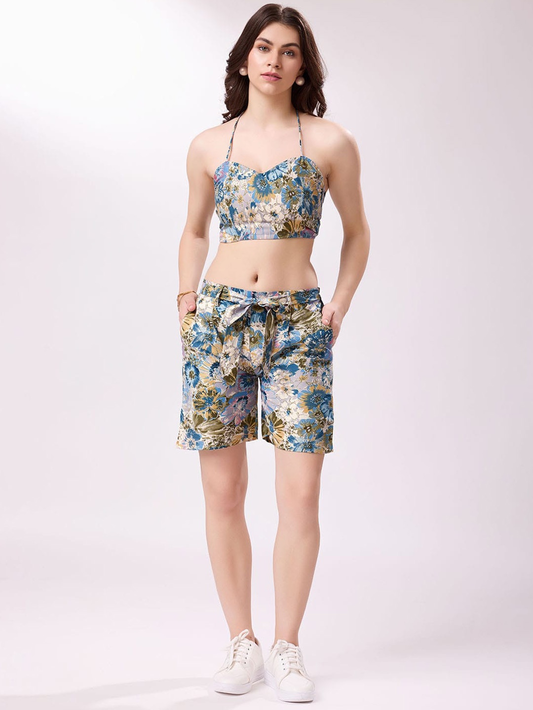 

KALINI Printed Shoulder Straps Top with Shrug & Shorts, Blue