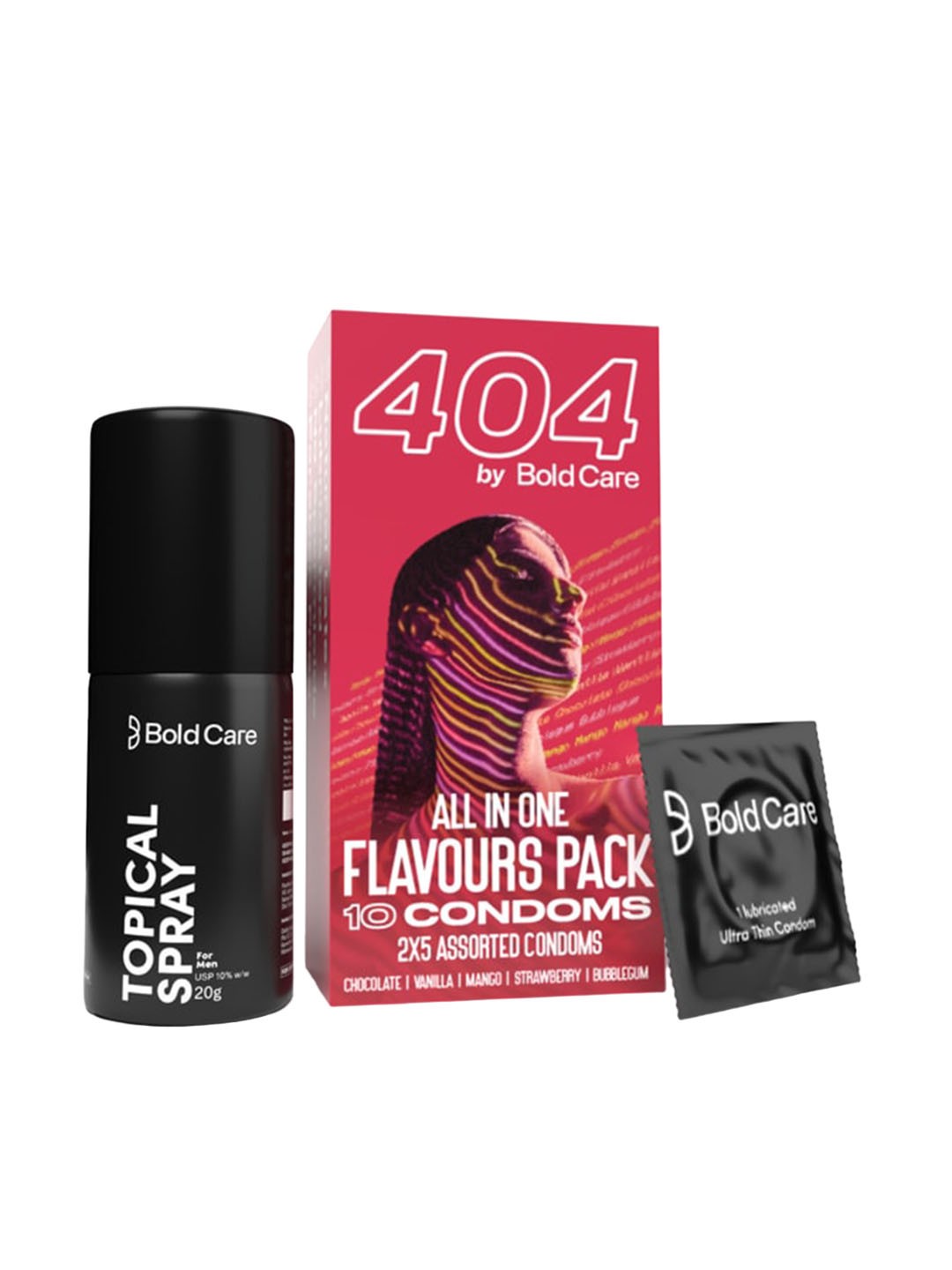 

Bold Care Topical Spray 20g & All In One Condoms - 10Pcs, Transparent