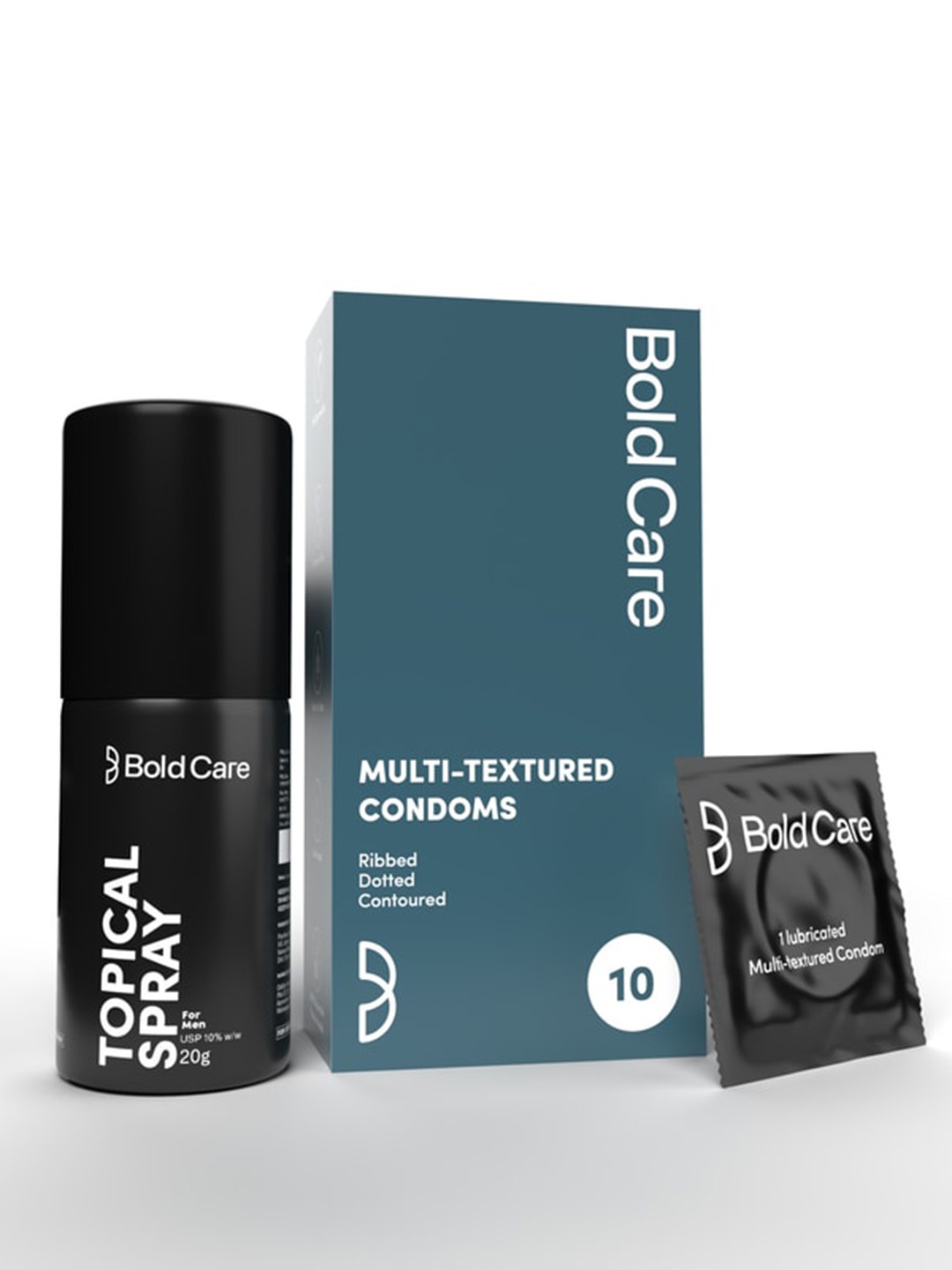 

Bold Care Topical Spray - 20 g & 10-Pcs Textured Condoms, Transparent