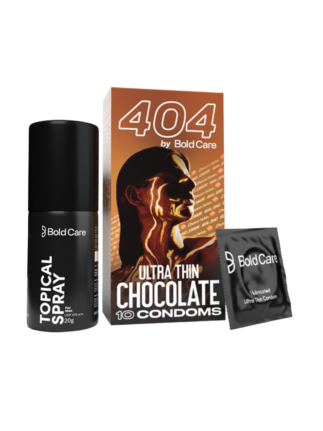 

Bold Care Topical Spray - 20g & 404 Chocolate Condoms - 10Pcs, Transparent