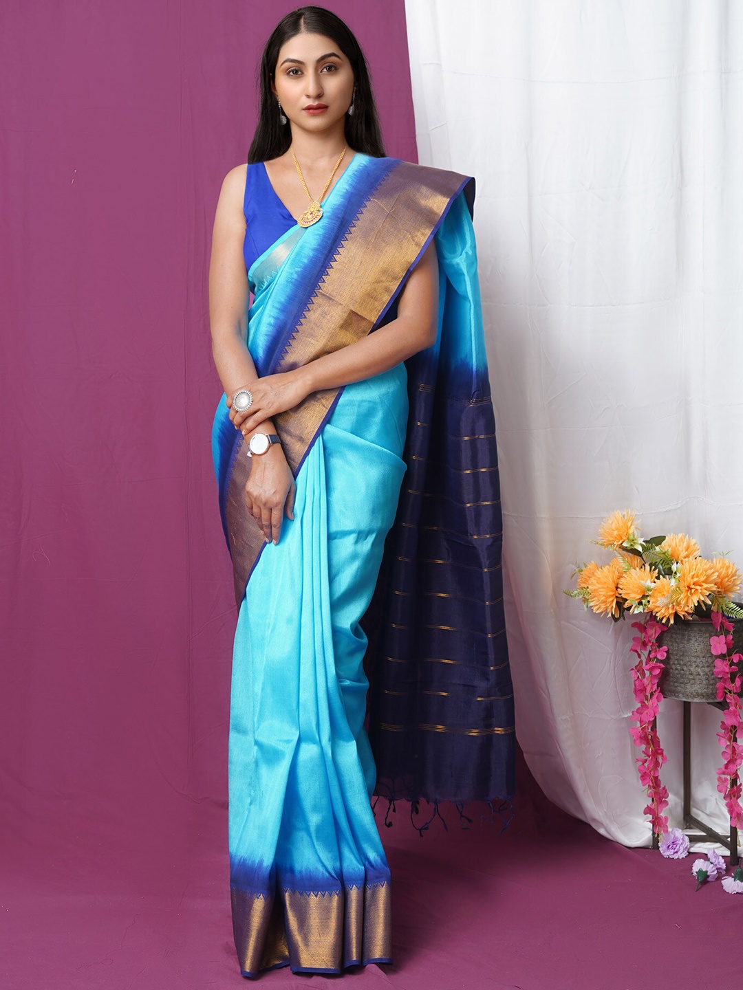 

Unnati Silks Woven Design Zari Handloom Mangalagiri Saree, Blue