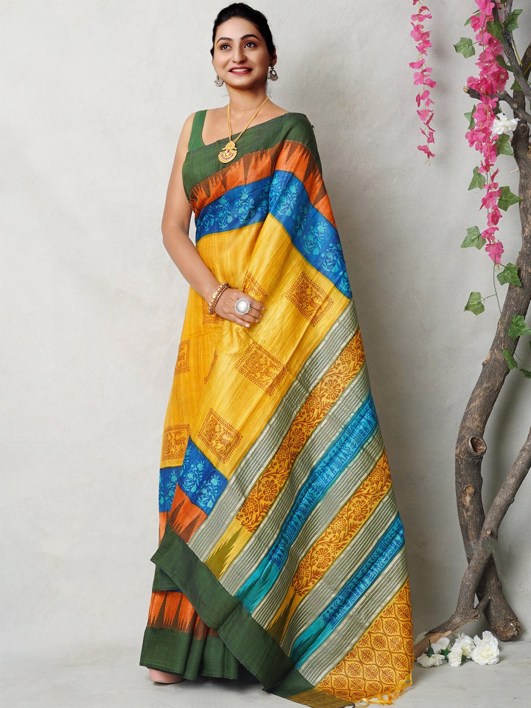 

Unnati Silks Ethnic Motifs Printed Pure Silk Tussar Saree, Yellow