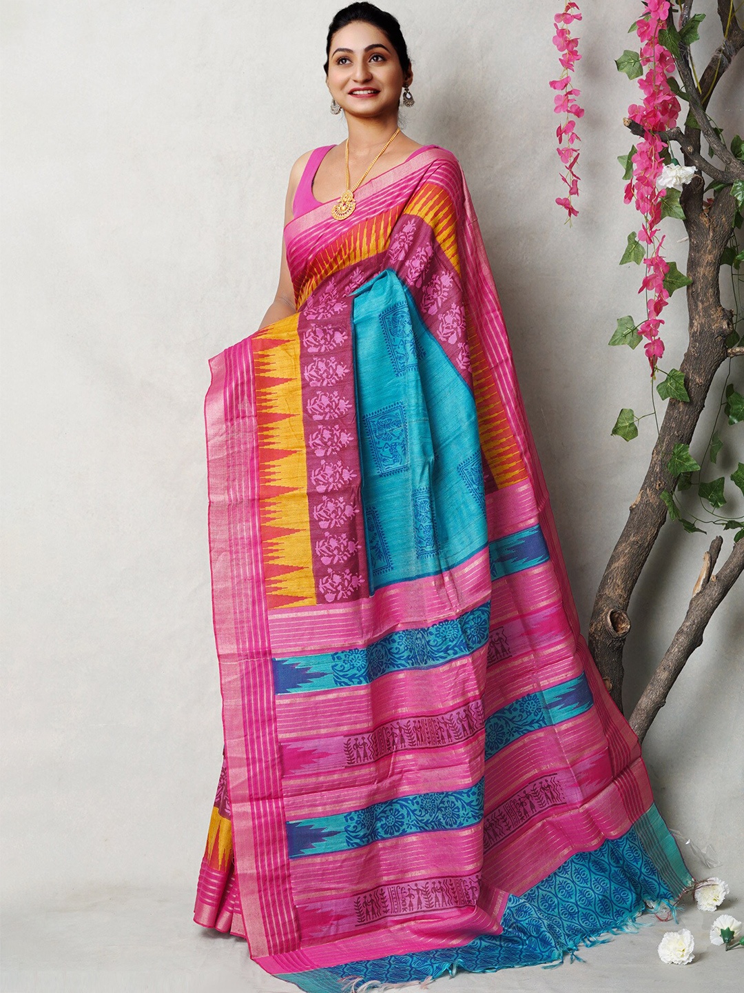 

Unnati Silks Ethnic Motifs Printed Pure Silk Tussar Saree, Blue