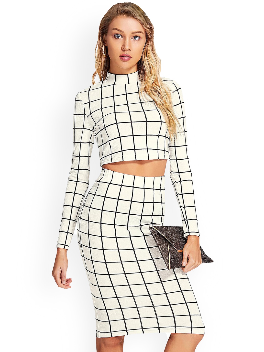 

BAESD Checked High Neck Crop Top With Skirt, White