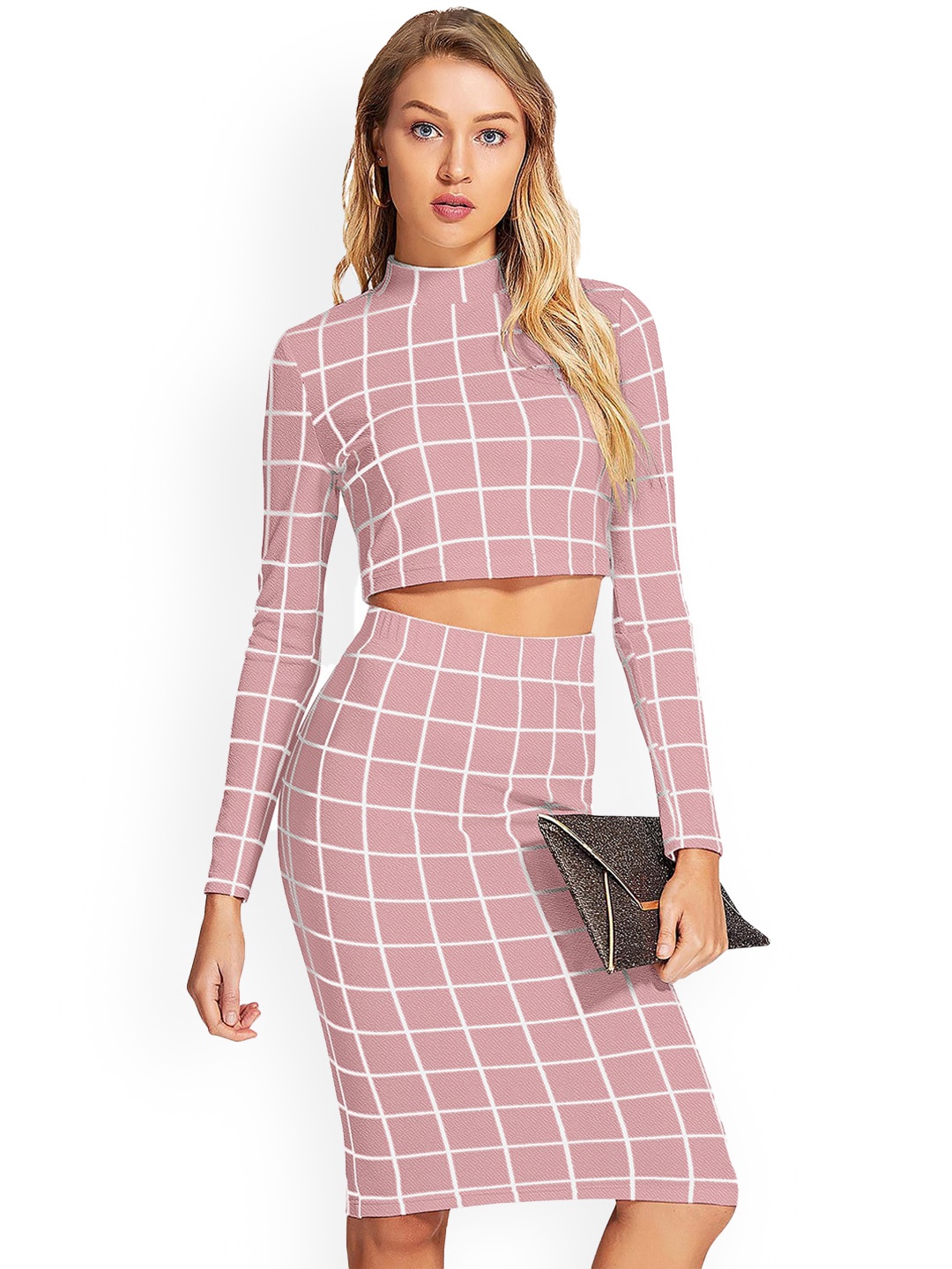 

BAESD Checked High Neck Crop Top With Skirt, Peach