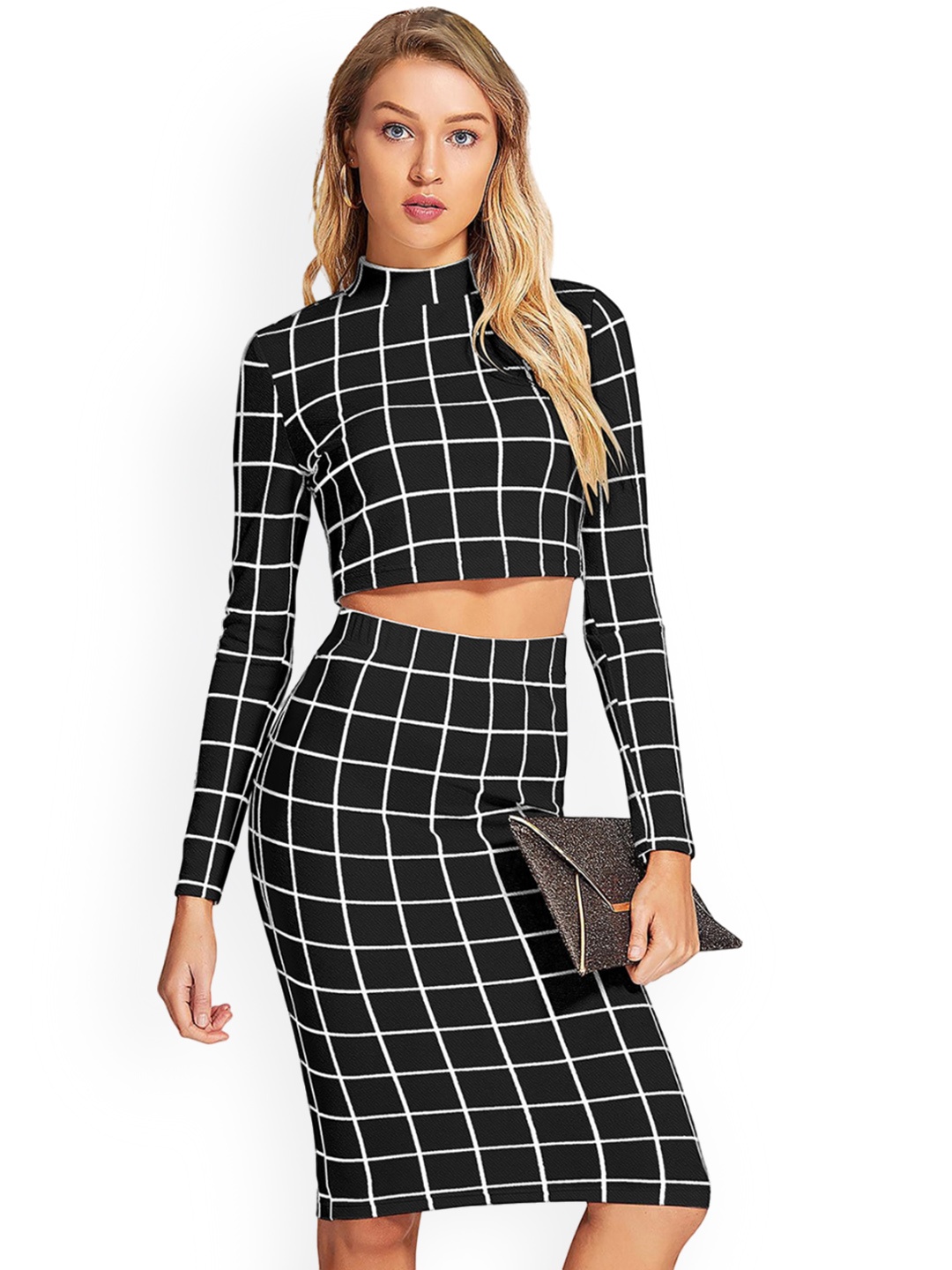 

BAESD Checked High Neck Crop Top With Skirt, Black