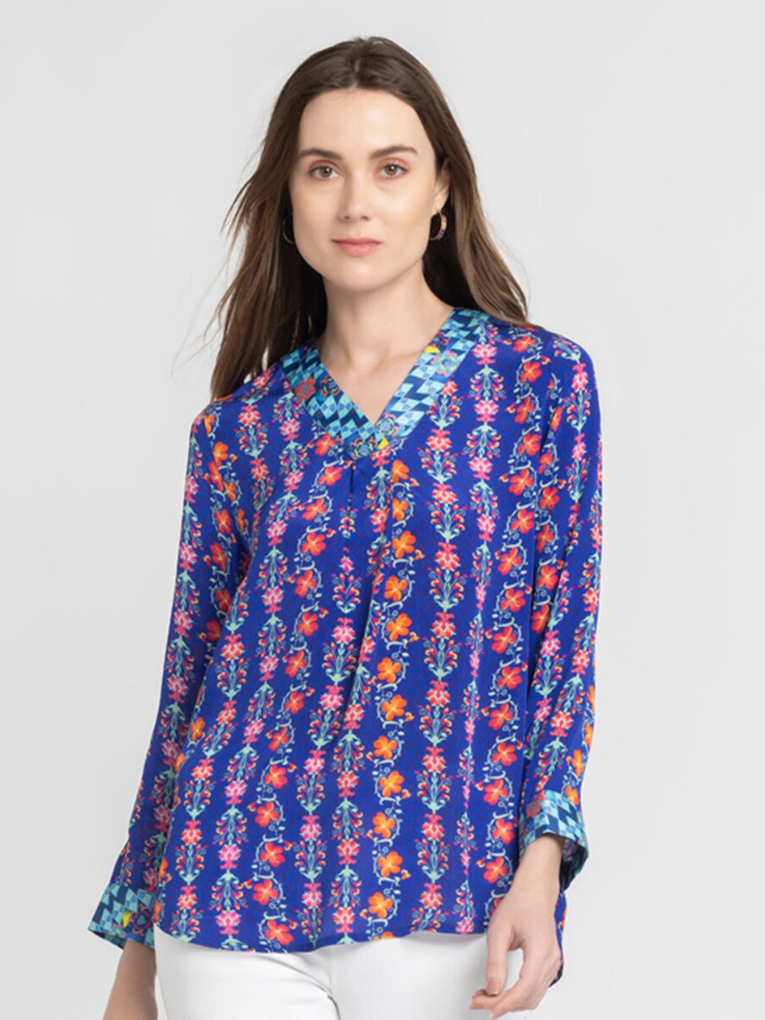 

SHAYE Print Mandarin Collar Shirt Style Top, Blue