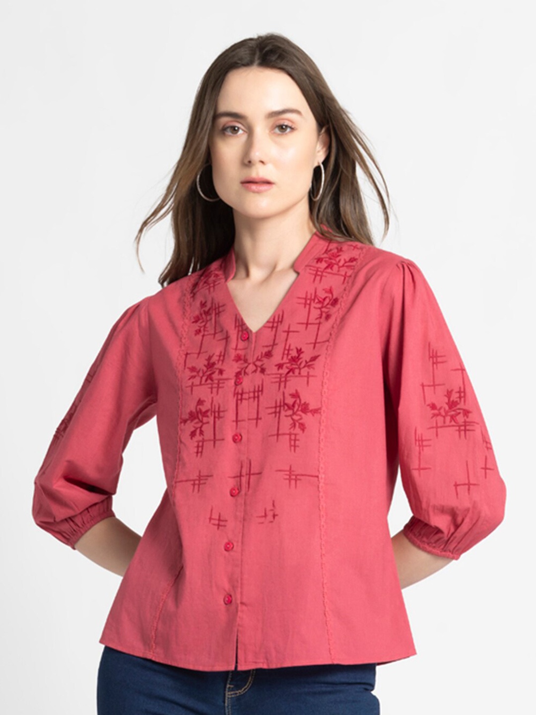 

SHAYE Tie-Up Neck Cotton Shirt Style Top, Coral