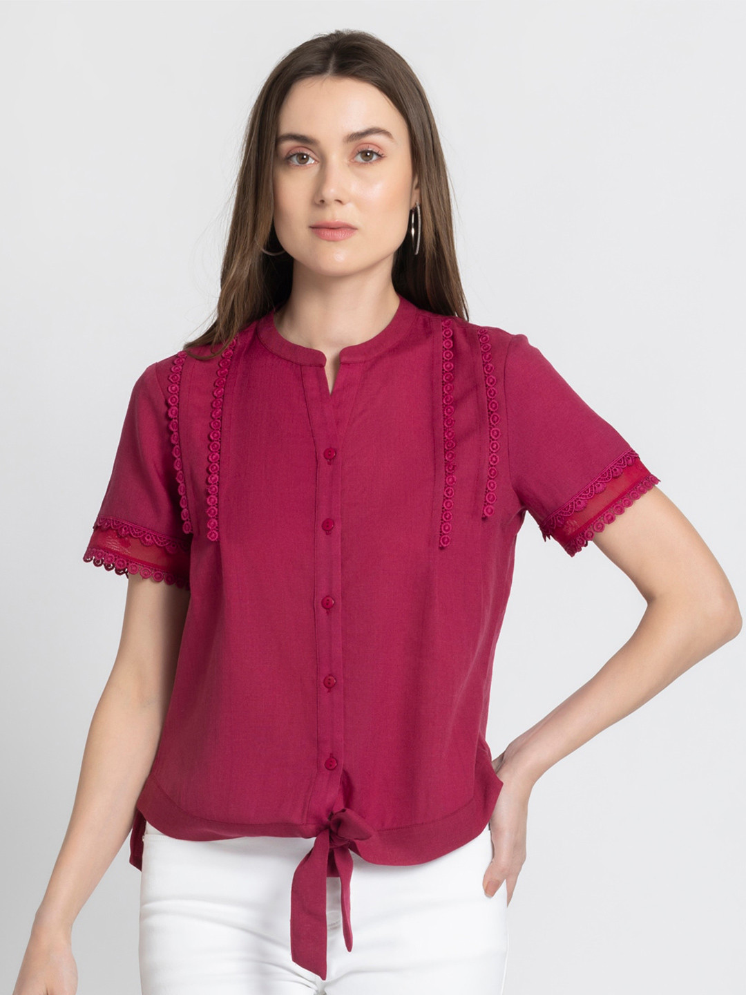

SHAYE Mandarin Collar Shirt Style Top, Maroon