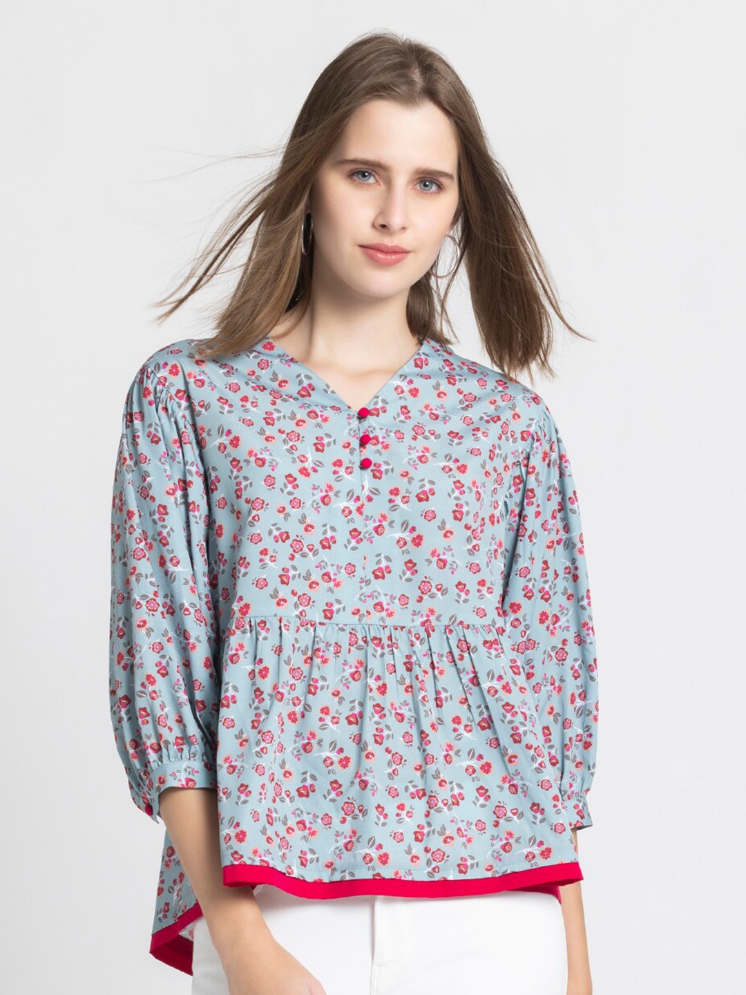 

SHAYE Floral Print Mandarin Collar Top, Blue