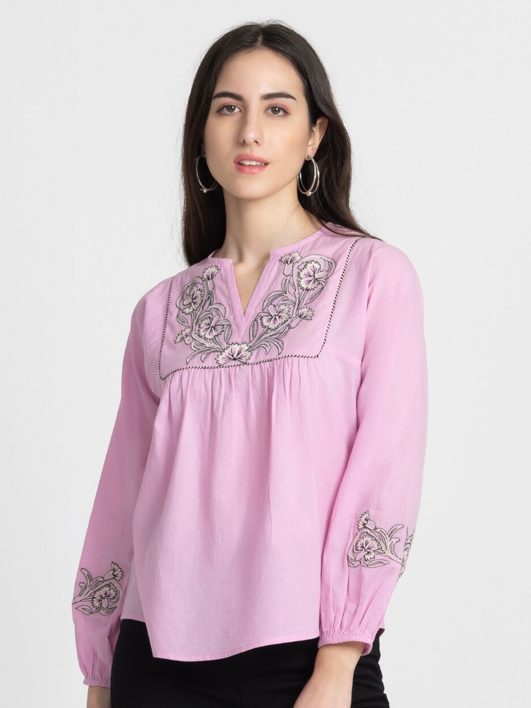 

SHAYE Mandarin Collar Cotton Top, Pink