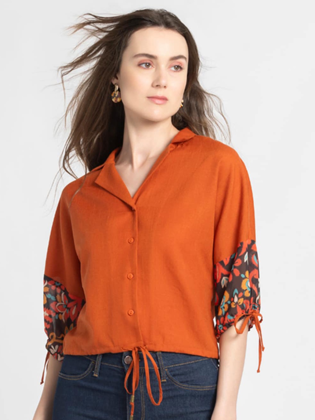 

SHAYE Floral Extended Sleeves Shirt Style Top, Rust