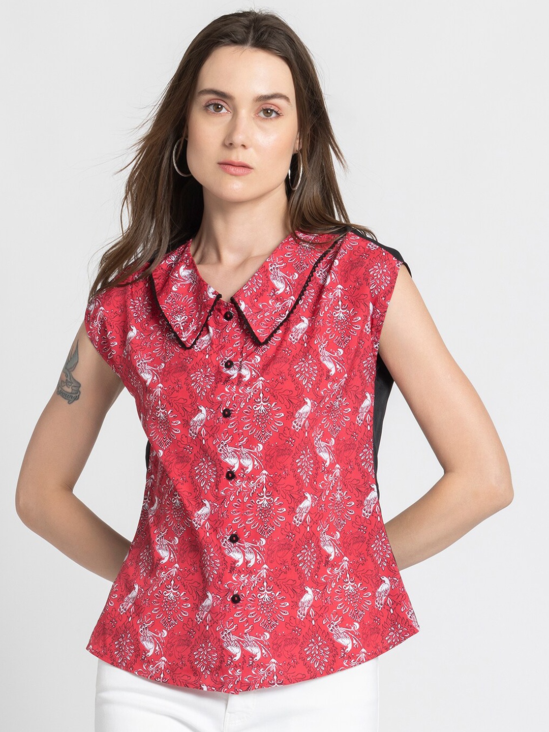 

SHAYE Floral Print Crepe Shirt Style Top, Red
