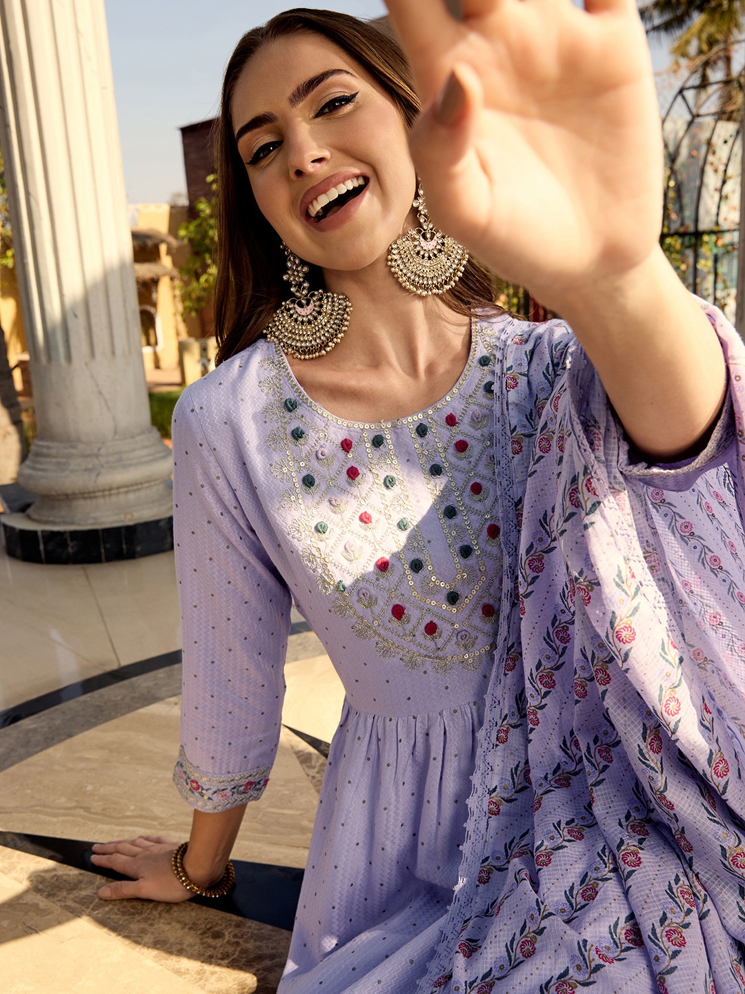 

Ishin Zari Embroidered Yoke Design Pure Cotton A-Line Kurta With Pants and Dupatta, Lavender