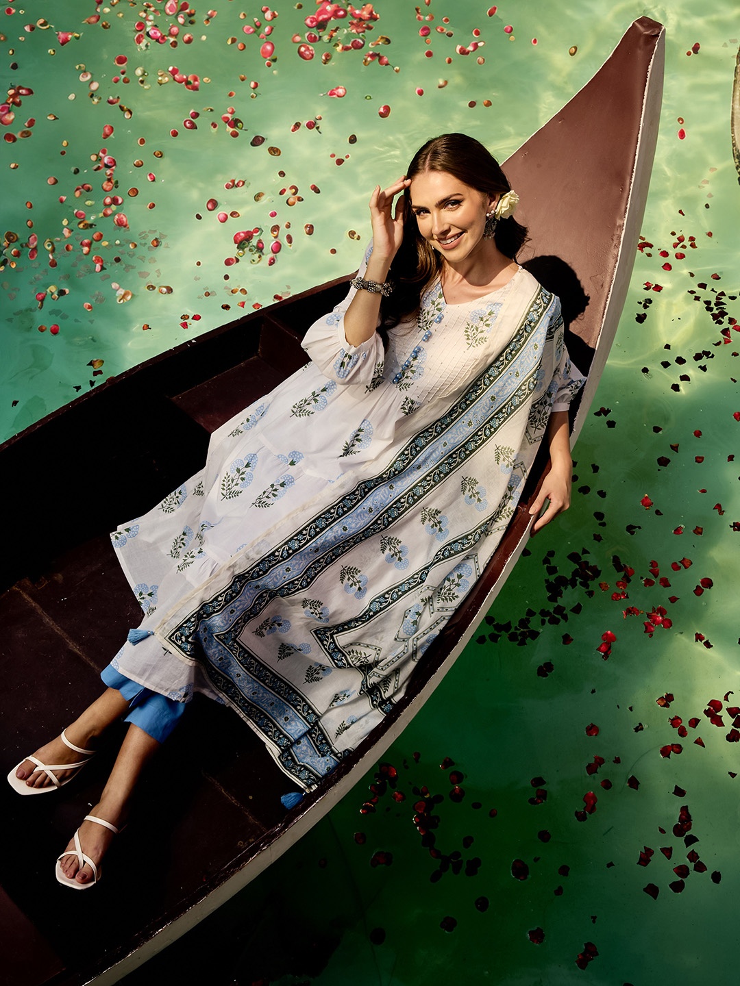 

Embellished Floral Printed Cotton Kurta, Pants and Hand Tassels Dupatta, White