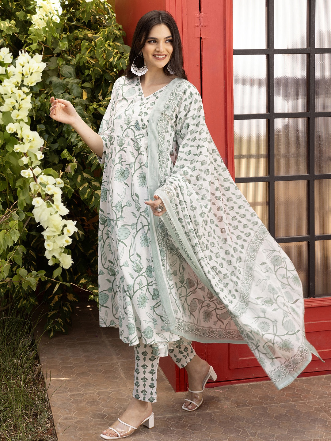 

Ishin Floral Printed Cotton Angrakha Tie-Up Kurta with Pants & Dupatta, Green