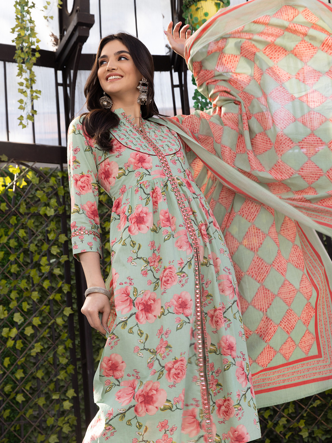 

ISHIN Mirror Work Inpired Floral Printed Kurta with Pants and Printed Dupatta, Green