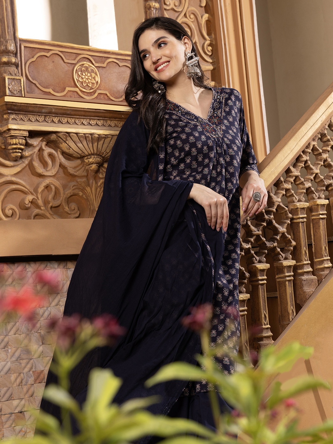 

Ishin Embellished Neckline Printed Cotton Kurta With Afghnai Pants and Dupatta, Navy blue