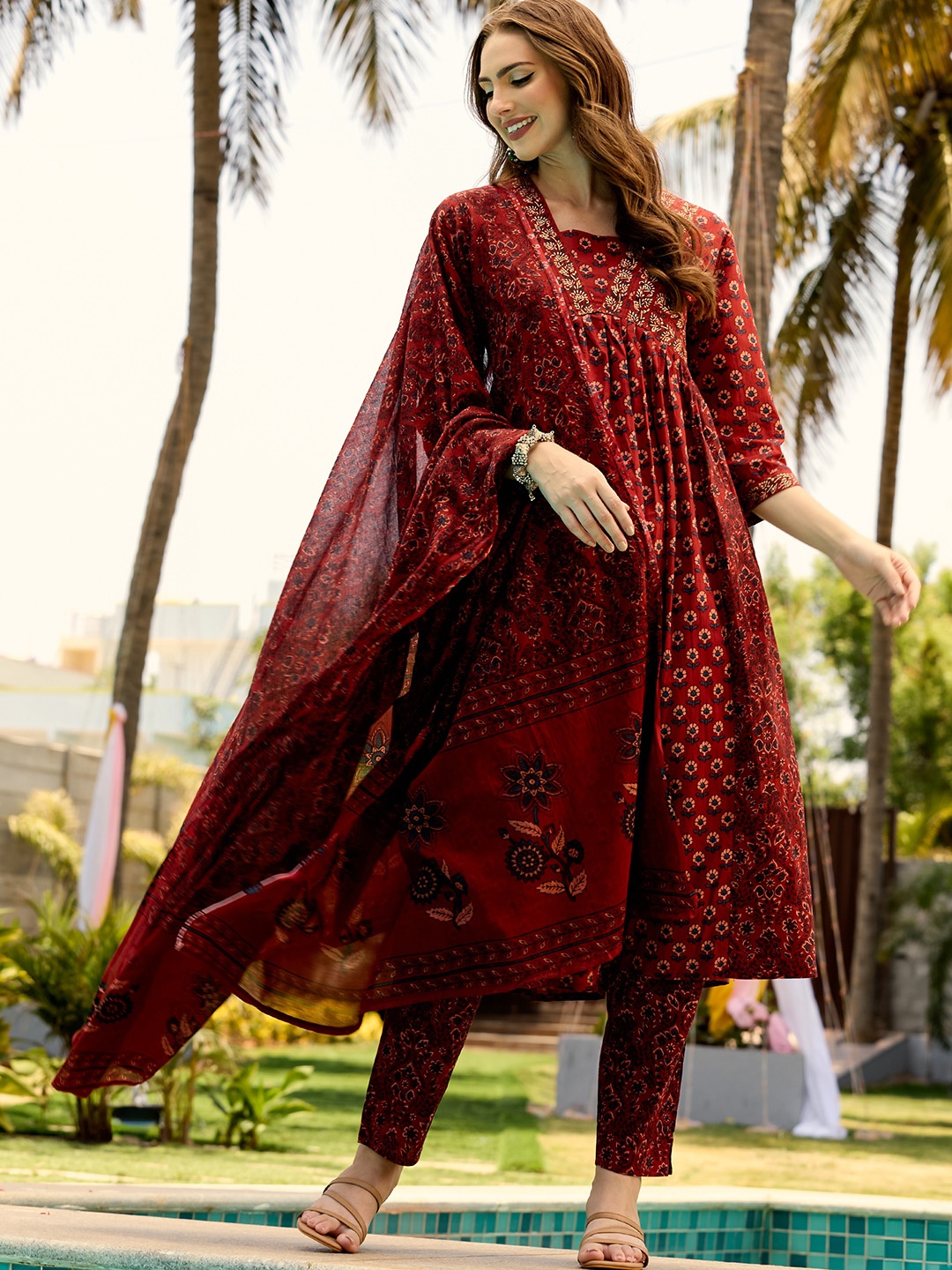 

Ishin Floral Printed Pleated Cotton Kurta with Pants and Block Printed Dupatta, Maroon