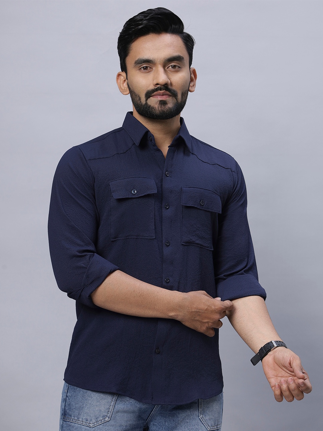

N AND J Men Relaxed Opaque Casual Shirt, Navy blue