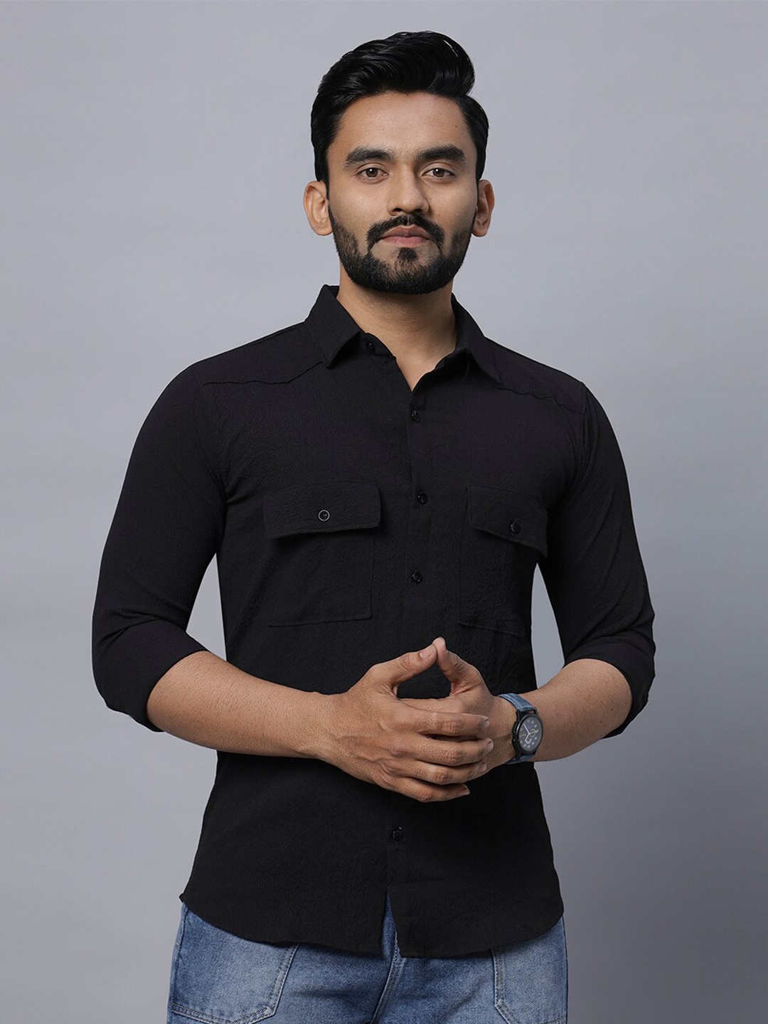 

N AND J Men Relaxed Opaque Casual Shirt, Black