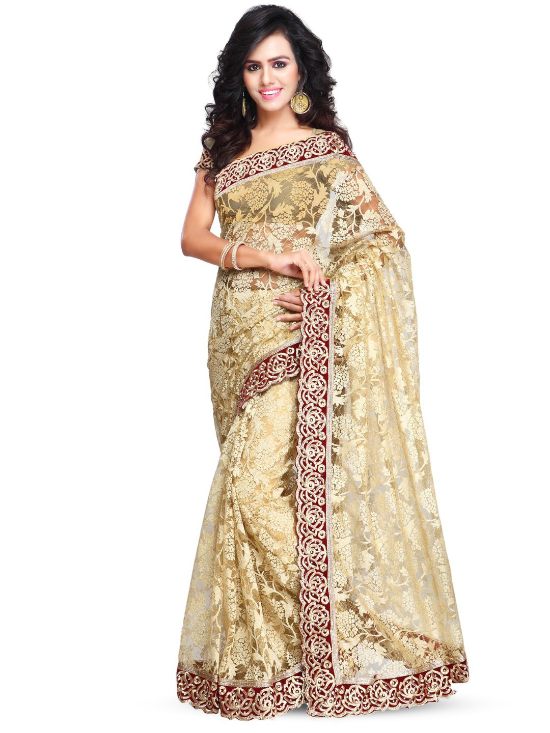 

Aruna Sarees Ethnic Motifs Embroidered Net Saree, Beige