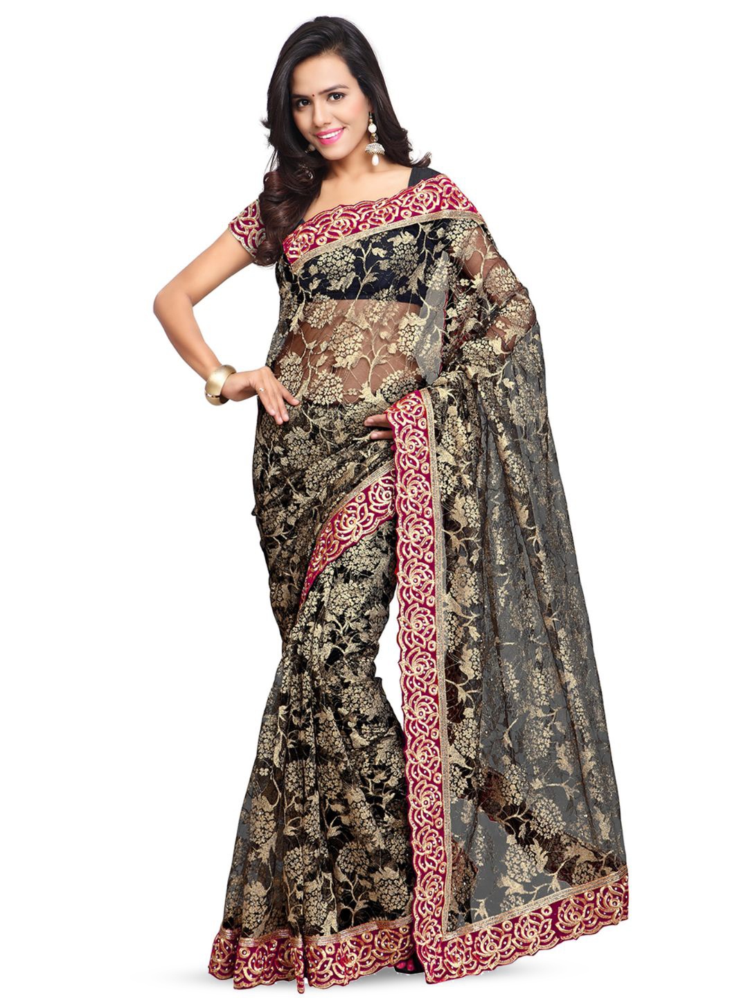 

Aruna Sarees Ethnic Motifs Embroidered Net Saree, Black