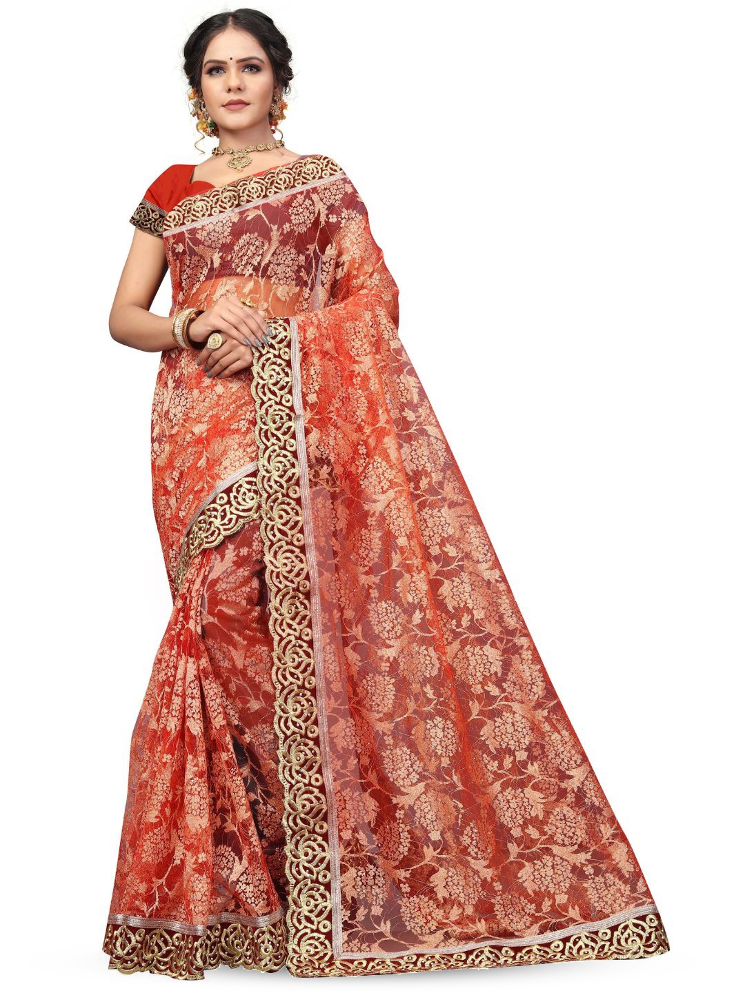 

Aruna Sarees Ethnic Motifs Embroidered Net Saree, Red